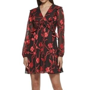 KENSIE Black with Red Floral Burnout Chiffon Dress Size 4 NWT